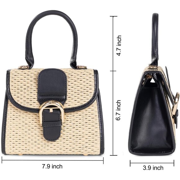 Retro Straw Woven Women's Small Cross Body Shoulder Messenger Handbag Beige-blac - Picture 5 of 7